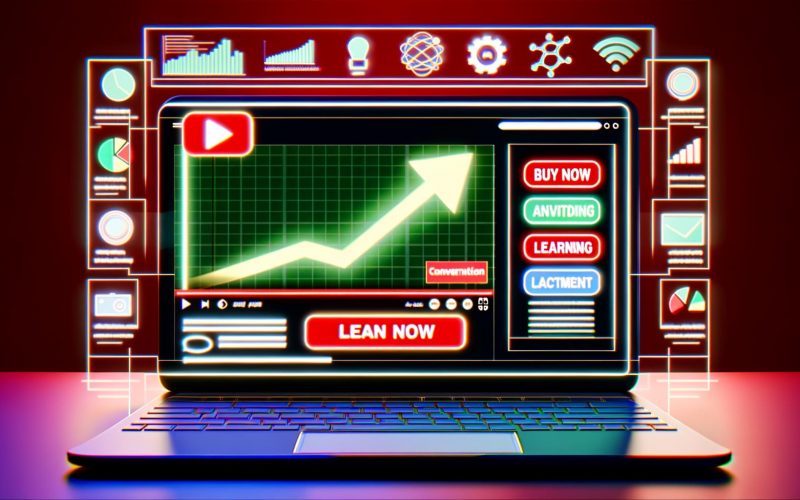 Laptop mit dynamischem YouTube-Interface, animierten Call-to-Action-Buttons, Analyse-Diagrammen und Google Ads sowie Machine Learning Icons im Hintergrund.