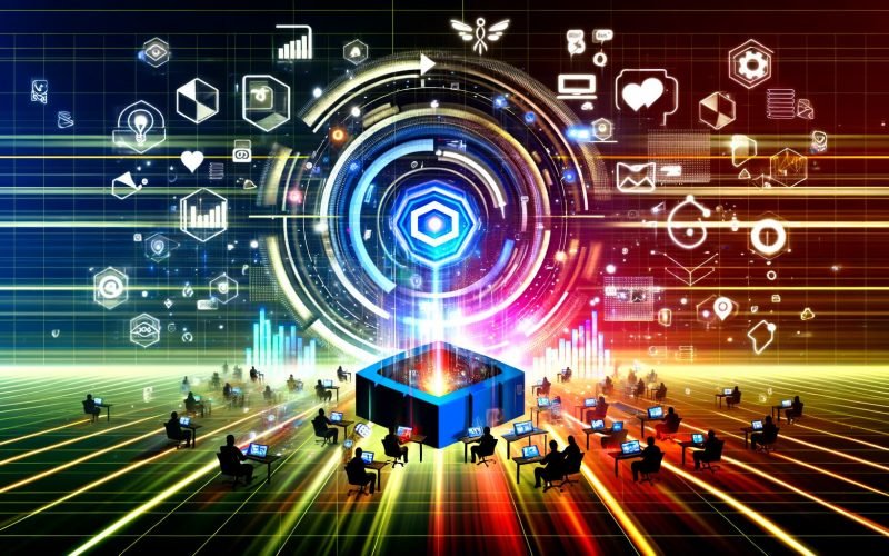 Abstraktes Titelbild einer digitalen Plattform mit konkurrierenden Marketern, Social Media Icons, Datenströmen und Conversion-Funnel im modernen, futuristischen Stil