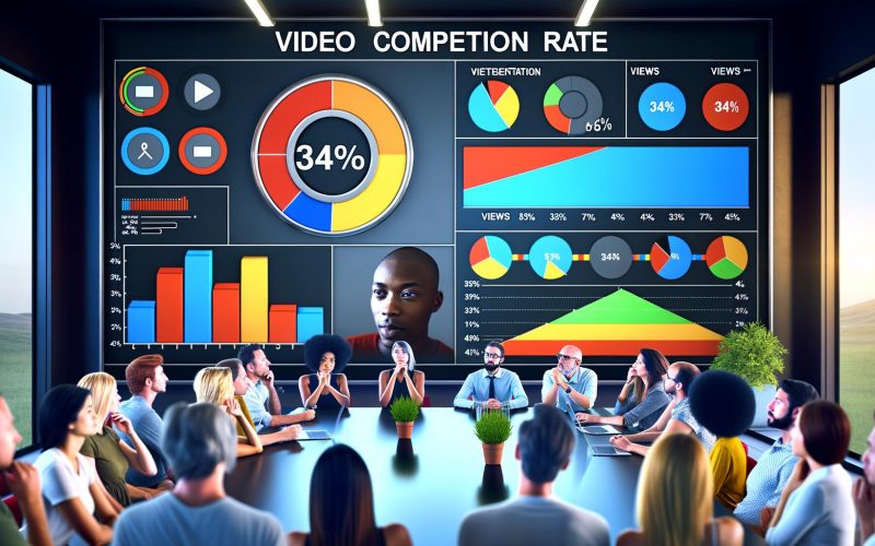 Moderne Arbeitsumgebung mit digitalem Dashboard, das Video Completion Rate von 34 %, Balken- und Liniendiagramme sowie engagierte Marketer bei der Analyse der Videoperformance zeigt.