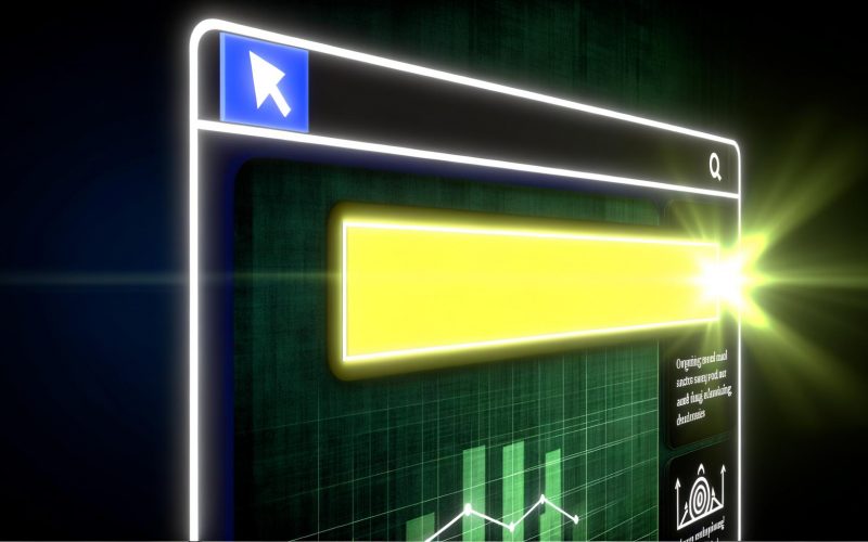 Google-Suchergebnisseite auf Desktop mit auffälliger, gelb markierter Top-Anzeige, mehreren verblassten Konkurrenzanzeigen darunter und betonter Nummer-1-Position durch Spotlight und Pfeil, umgeben von Analyse-Overlays.