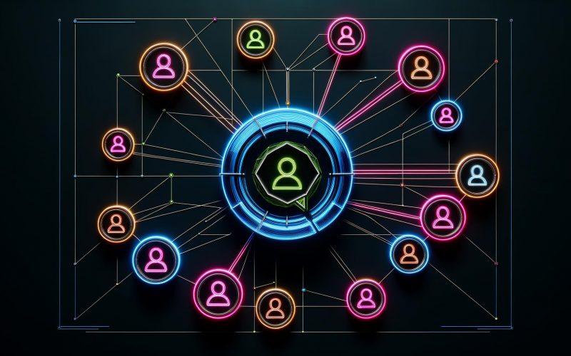 Abstraktes Netzwerk aus Avataren und Plattform-Icons wie Facebook, Google und PayPal, verbunden durch neonfarbene Linien auf dunklem Hintergrund.