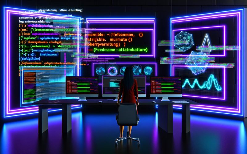 Futuristischer Arbeitsplatz mit Neonlicht, digitalem Marketer vor Monitoren mit Google Ads, Diagrammen und Produktdaten-Feeds