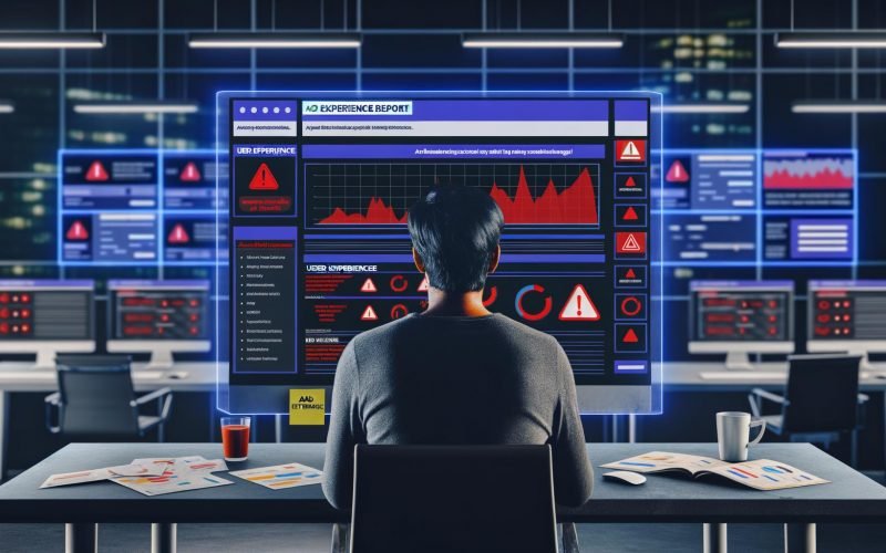 Person arbeitet konzentriert an einem Computer, der bunte Grafiken und Warnhinweise des Google Ad Experience Report anzeigt, umgeben von Notizen zu Nutzererlebnis und SEO.
