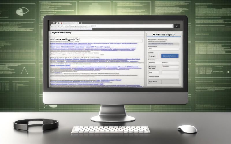 Google Ads Interface mit geöffneter Anzeigenvorschau und Diagnose. Suchergebniss-Vorschau mit markierten Anzeigen und Auswahlfeldern für Keywords, Standort, Gerätetyp und Sprache am Bildschirm eines professionellen Arbeitsumfelds.