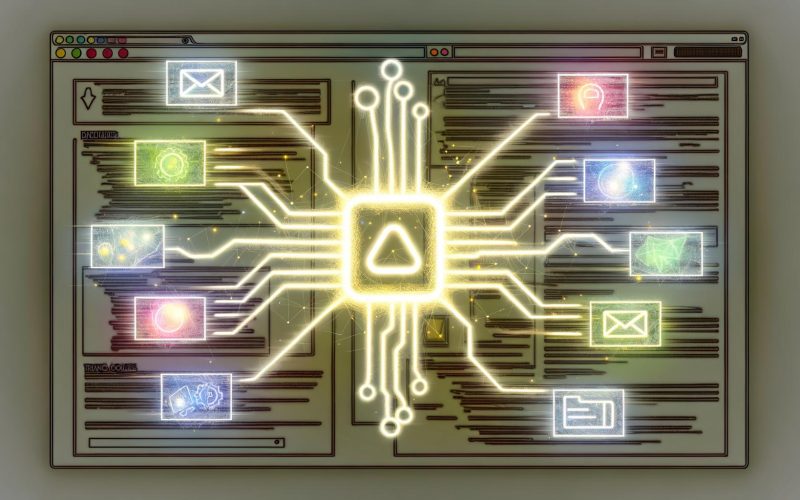 Stilisierte Darstellung eines Ad-Tags als unsichtbares Rückgrat von Digitalwerbung mit Code, Bannern, Videos und Symbolen für Publisher, Ad-Server sowie Datenschutz.