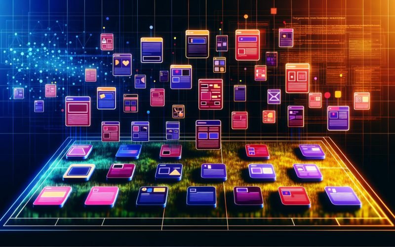 Moderne Illustration von digitalen Werbeanzeigen, die in bunter Vielfalt auf einem abstrakten Datenraster schweben, mit visualisiertem Algorithmus im Hintergrund.