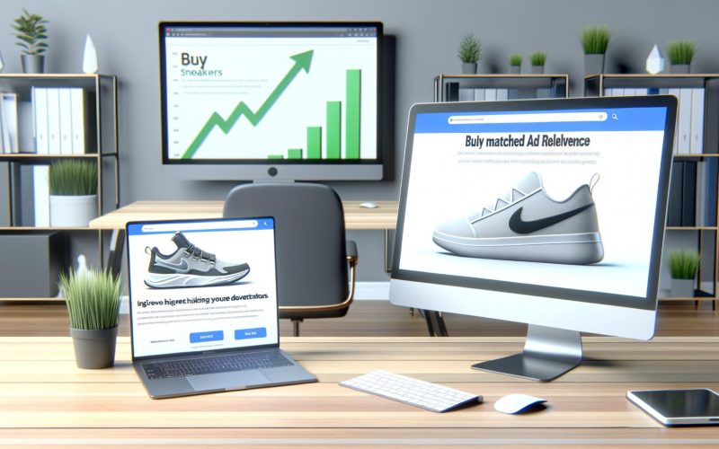 Split-Screen mit relevanter Sneaker-Anzeige links und irrelevanter Wanderschuhanzeige rechts auf Monitoren, umgeben von Performance-Diagrammen in einem aufgeräumten, modernen Büro.