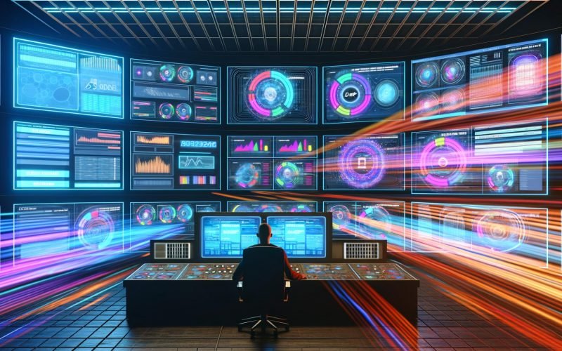 Person vor mehreren großen Monitoren in einer futuristischen Kontrollzentrale, umgeben von digitalen Datenströmen, Werbeanzeigen und technischen Symbolen wie Ad Server, DSP, SSP, DMP, illuminiert durch Lichtlinien in Blau und Orange.