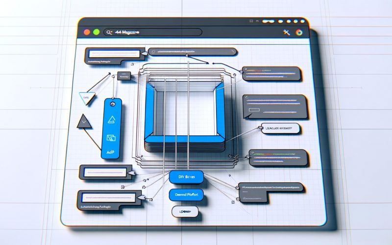 Moderne, technisch anmutende Illustration zeigt die Anatomie eines digitalen Ad Slots in einem stilisierten Browserfenster mit hervorgehobenen Code-Elementen und Verbindungen zu Ad Server, DSP und SSP, ergänzt durch typische Anzeigengrößen als Wireframes.