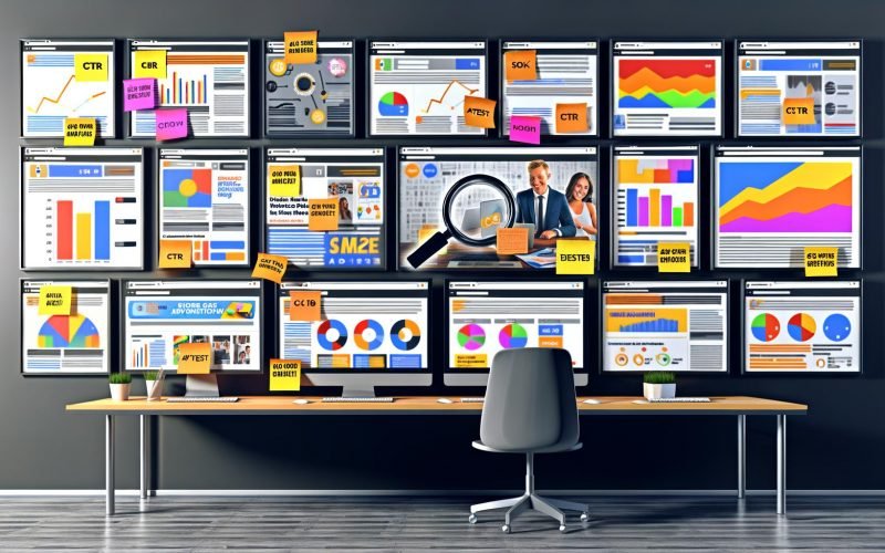 Arbeitsplatz mit mehreren Monitoren, die nebeneinander verschiedene digitale Werbeanzeigen, farbige Buttons, unterschiedliche Bilder und Notizzettel mit Begriffen wie CTR, A/B-Test und Conversion zeigen.