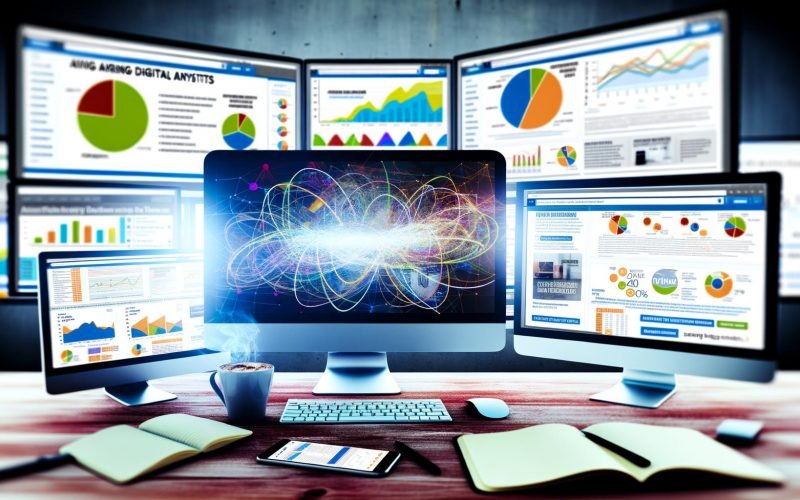 Mehrfachmonitor-Setup in einer Digital-Marketing-Umgebung mit Analyse-Dashboards, Graphen und halb sichtbarer digitaler Anzeige. Gegenstände wie Kaffeetasse, Notizbücher und Smartphone mit Anzeigenmetriken ergänzen das Bild.