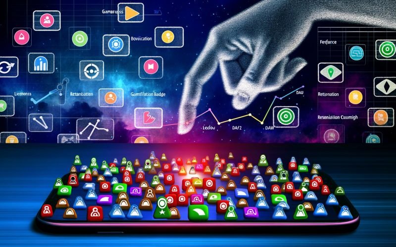 Moderne Editorial-Illustration: Bunte App-Icons kämpfen auf Smartphone-Display wie Figuren in einer Arena, umgeben von Notification-Badges, Gamification-Symbolen und Datenvisualisierungen, vor stilisiertem Nutzerfinger im futuristischen Stil.