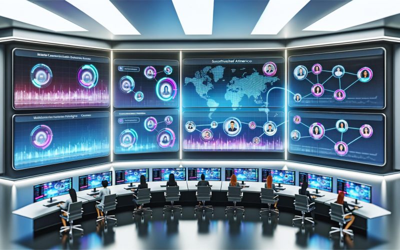 Team in modernem Kontrollzentrum überwacht mehrere digitale Dashboards mit bunten Datenvisualisierungen und vernetzten Nutzerprofilen in einem eleganten, technisch ausgestatteten Büro.