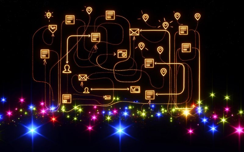 Dynamische, leuchtende Flowchart-Darstellung mit farbigen Knoten für Webseiten und gewundenen Linien für Nutzerpfade, inklusive Symbolen für Klicks, Scrolls und Formulareingaben auf dunklem Hintergrund.