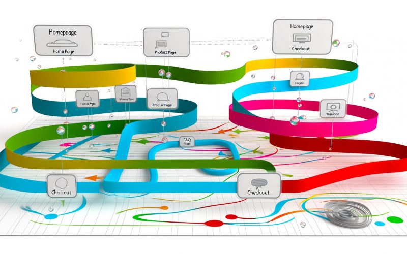 Modernes Sankey-Diagramm stellt den User-Flow einer Webseite mit dicken, farbigen Bändern zwischen Knoten wie Homepage, Produktseite, FAQ, Checkout und Thank You dar. Einige Pfade verzweigen oder führen zurück, wodurch Benutzerumwege und Ausstiege betont werden.