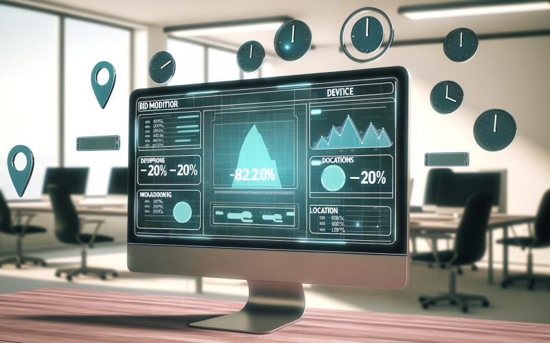 Digitales Dashboard mit Analyse-Charts zu Bid Modifier, Gerät, Standort und Tageszeit im modernen Büro, umgeben von Symbolen für Online-Marketing-Optimierung.