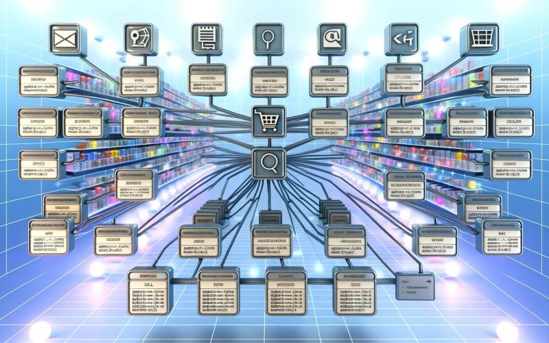 Digitale Pipeline mit sichtbaren Produktdaten-Streams zwischen Onlineshop und Marketing-Plattformen wie Google Shopping, Facebook, Preisvergleichsportalen und Affiliate-Partnern. Dargestellt sind Felder für Preis, Lagerbestand, Bild-URLs und Produktnamen sowie Icons für XML, CSV und JSON.