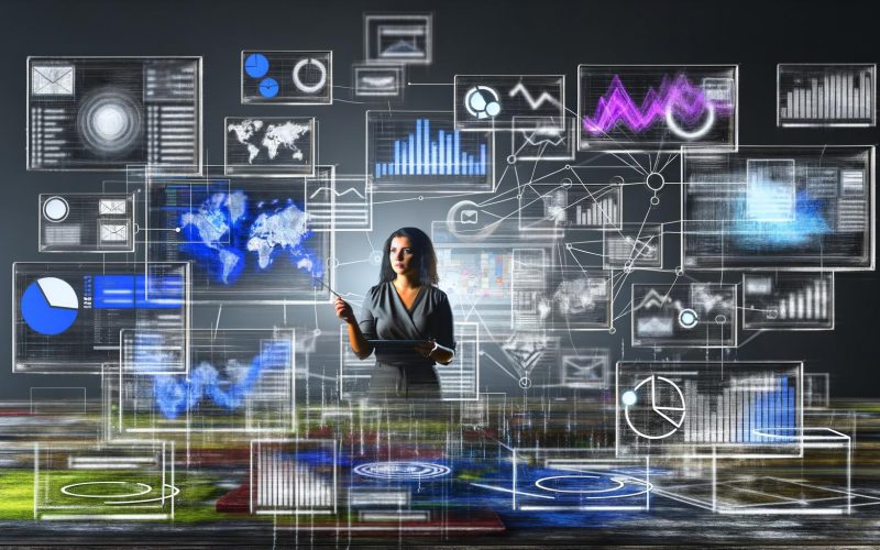 Fokussierter Marketer vor mehreren Bildschirmen mit Analytics-Grafiken, umgeben von digitalen Datenvisualisierungen und schwebenden Marketing-Icons in kontrastreicher, kühler Atmosphäre.