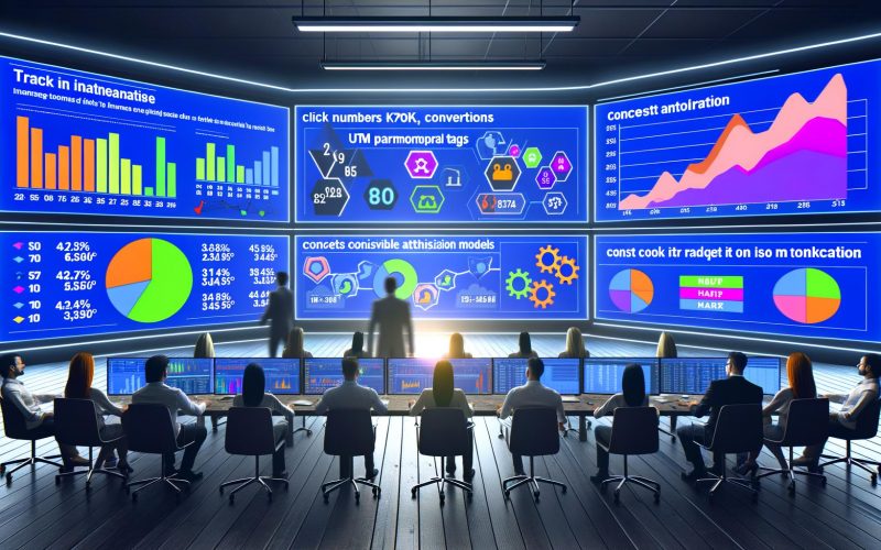 Marketing-Team analysiert konzentriert Datenvisualisierungen und KPIs im modernen digitalen Kontrollraum mit Echtzeit-Analysen auf großen Monitoren