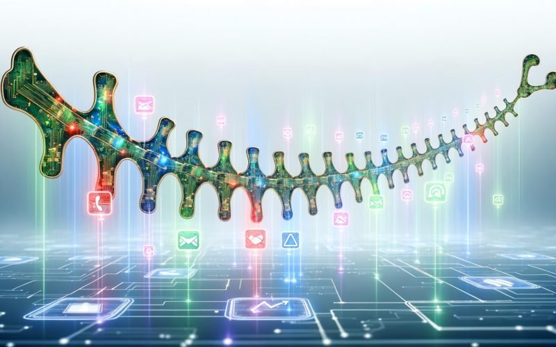 Stilisiertes, modernes digitales Rückgrat mit vernetzten Datenströmen und Kampagnen-Icons, jeweils mit alphanumerischer Kampagnen-ID, auf hellem Hintergrund