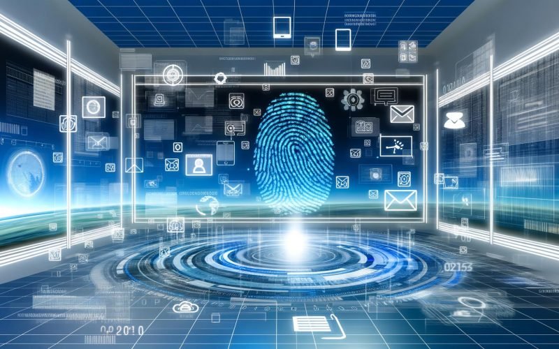 Futuristischer Kontrollraum mit leuchtendem digitalen Fingerabdruck, umgeben von vernetzten Marketing-Icons und individuellen Kampagnen-IDs, in kühlen Blautönen und Weiß dargestellt.