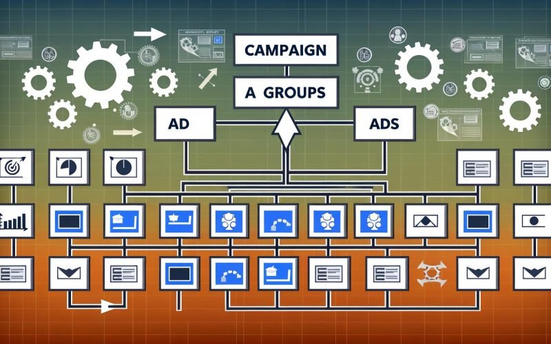Digitale Illustration mit Kampagnen-Struktur im Online-Marketing: Oben Kampagne, darunter Anzeigengruppen mit mehreren Anzeigen, verbunden durch Pfeile. Im Hintergrund Symbole für Analytics und bekannte Werbeplattformen.