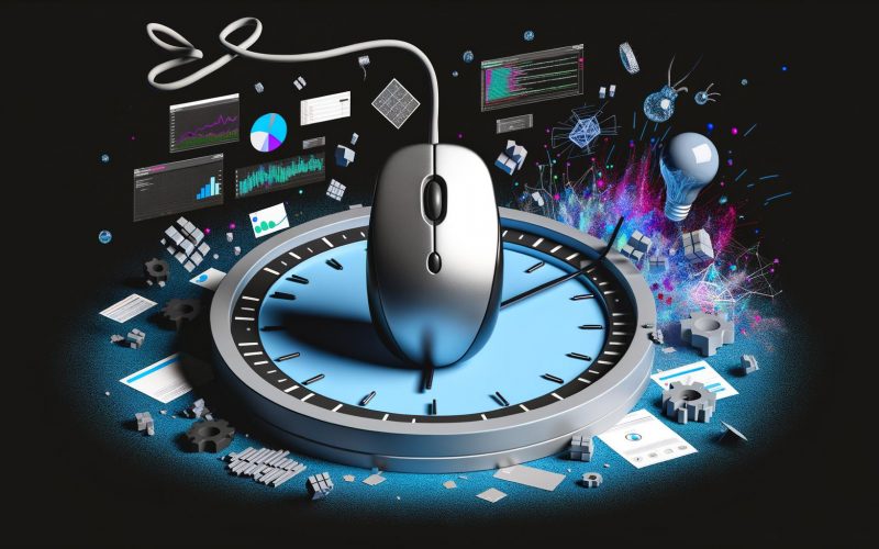 Digitale Illustration einer Zeitbombe, kombiniert mit Computermaus, Datendiagrammen und Analytik-Dashboards, die die kritische Verzögerung von Conversions im digitalen Marketing darstellt.