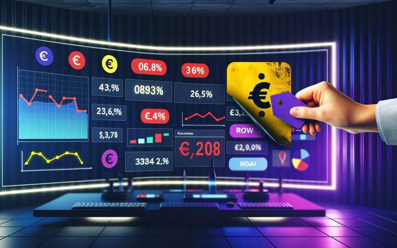Digitale Illustration eines Marketing-Dashboards mit Echtzeit-Analytics, Euro-Symbol, Conversion Value, ROAS-Daten und Preisschild, das monetäre Werte enthüllt.