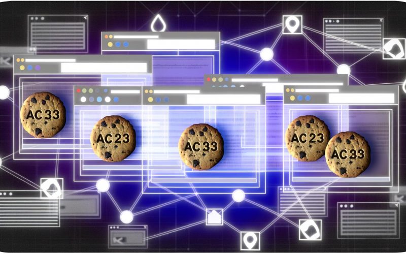 Digitale Collage zeigt sichtbare Cookies mit Codes, Browserfenster großer Plattformen, vernetzt mit leuchtenden Linien im Hintergrund eines abstrakten Daten-Netzwerks.