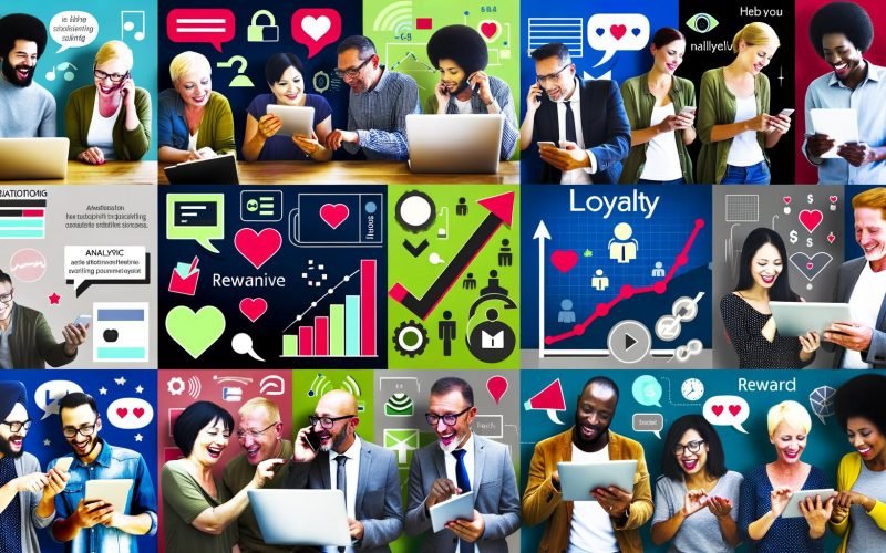 Dynamische Collage verschiedener Kunden, die auf mehreren digitalen Kanälen mit einer Marke durch Benachrichtigungen, Chats, soziale Medien und Treueprogramme auf mobilen Geräten interagieren.