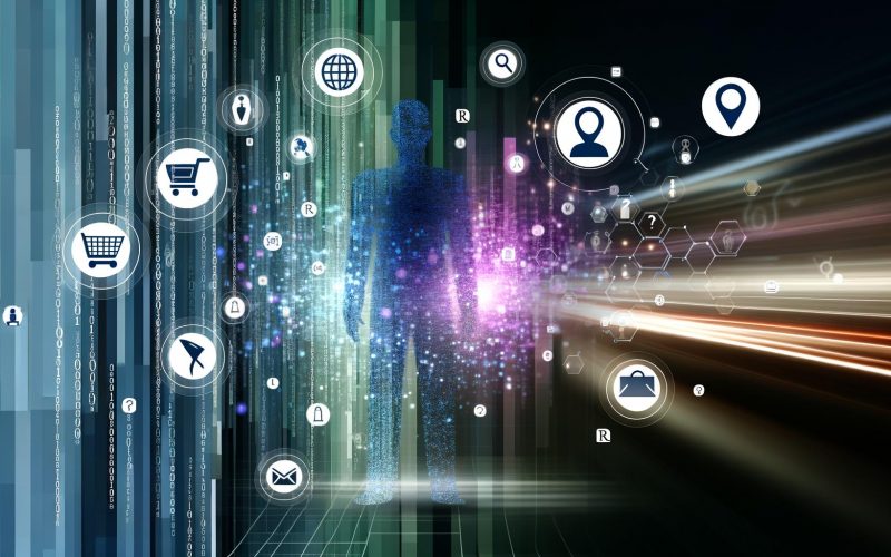 Abstraktes Titelbild mit menschlicher Silhouette, Datenströmen, schwebenden Icons für Suche, Einkauf, Information und Analyse, vor einer digitalen Stadtlandschaft.