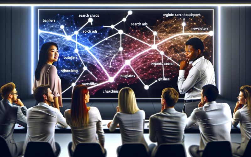 Digital Marketing Team analysiert große Bildschirm mit bunten Pfaden, Datenströmen und maschinellen Lernmotiven, die konversionsbasierte Kundenerlebnisse darstellen.