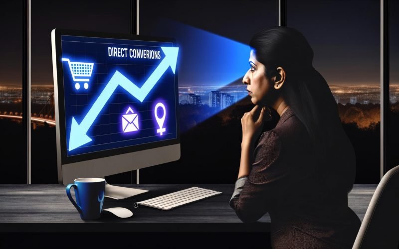 Digital Marketer analysiert nächtlich ein Dashboard mit deutlichem Conversion-Anstieg und prominenten Direct Conversion Icons im modernen Büro.
