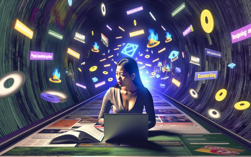 Mensch am Laptop in futuristischer digitaler Landschaft mit schwebenden Banner-Anzeigen, Website-Fenstern sowie Symbolen von Cookies und sozialen Netzwerken.