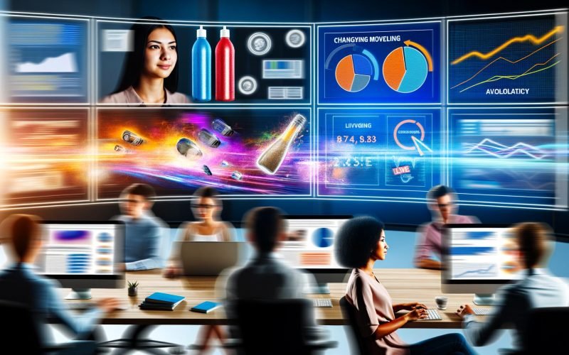 Junges Marketing-Team arbeitet mit Analyse-Tools vor großen Monitoren mit sich verändernder digitaler Werbung und Echtzeit-Datenströmen in moderner Büro-Umgebung.