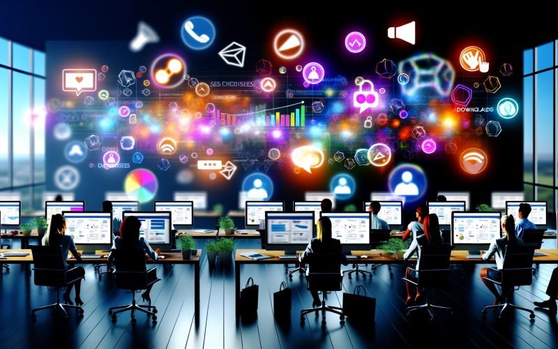 Digitales Marketing-Team arbeitet an Schreibtischen mit Monitoren, Datenvisualisierungen und bunten Symbolen für Engagement in heller, moderner Büroatmosphäre.