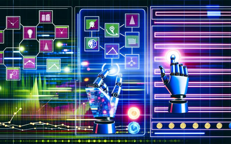 Illustration eines futuristischen Google Ads Dashboards mit menschlicher und mechanischer Hand, Schiebereglern, Datenströmen, ML-Symbolen und klassischen Marketing-Icons.