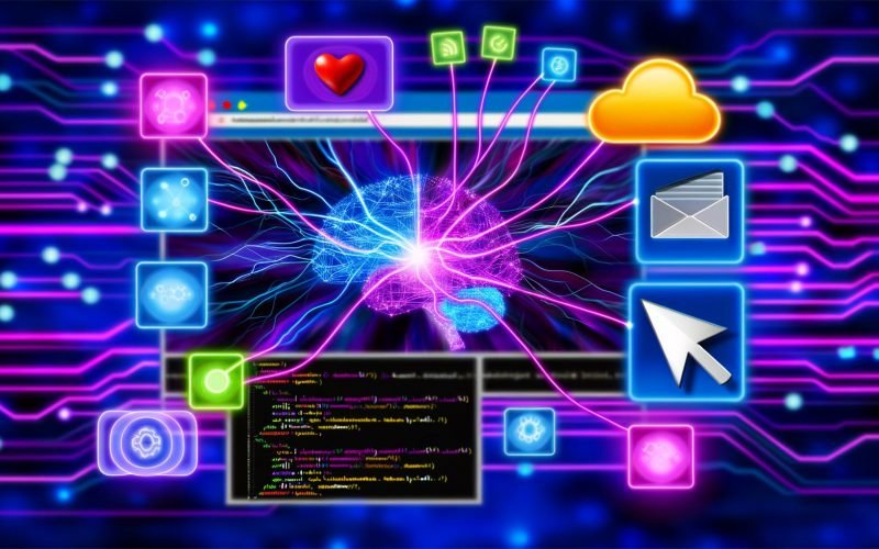 Collage mit leuchtendem neuralem Netzwerk über Website-Interface, Nutzeraktionen, Analytics-Clouds, Code-Snippets und Statistik-Dashboard in digitalen Farben.