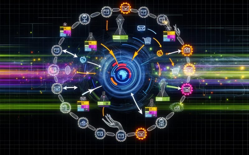 Animiertes Schaubild einer Schaltzentrale: Dashboard verbindet Datenströme von Onlinequellen mit Plattformen wie Google Merchant Center und Amazon, Daten fließen durch Zahnräder mit IF-THEN-Regeln, leuchtende Linienhände ordnen Daten auf dunklem High-Tech-Hintergrund.