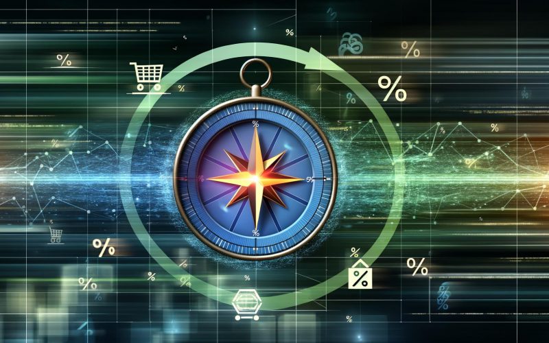 Digitale Illustration mit leuchtendem Kompass im Mittelpunkt, der auf ein aufsteigendes Diagramm zeigt, umgeben von Datenströmen, Prozentzeichen und Icons für E-Commerce, Marketing und Logistik.