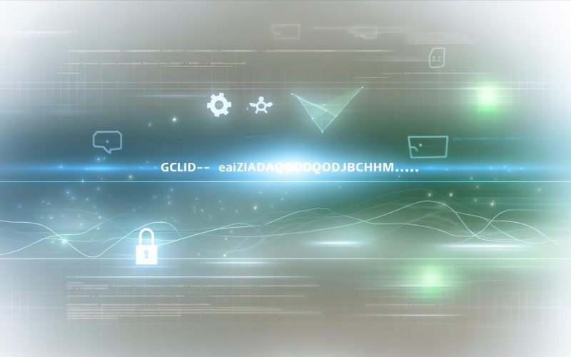 Abstraktes Tech-Headerbild mit leuchtendem Code ‚gclid=EAIaIQobChMI...‘, stilisiertem Google Ads Logo, Analytics-Grafik und einem dezenten Padlock-Symbol auf digitalem Hintergrund.