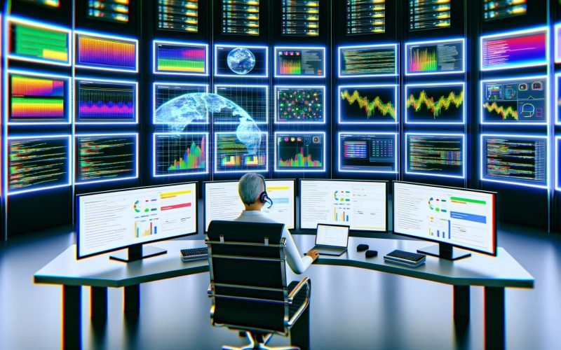 Professionelle Person mit Headset arbeitet an einem Laptop in einer High-Tech-Kommandozentrale mit Google Ads Dashboards, Monitoren und Serverracks