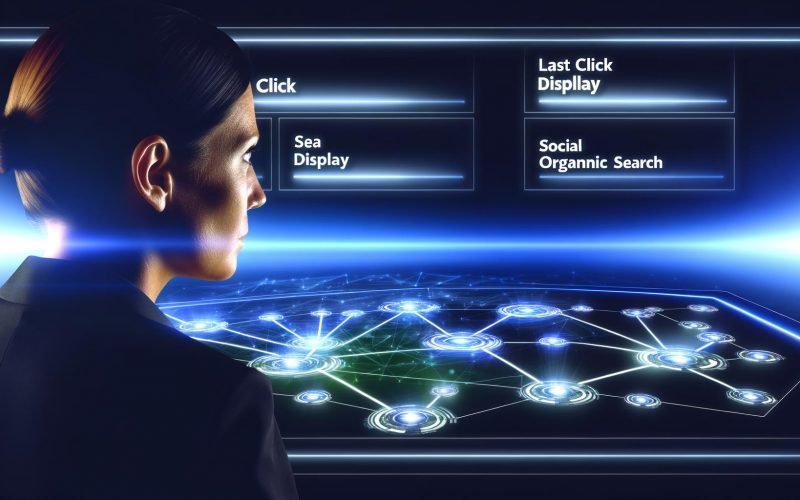 Marketer im futuristischen Kontrollraum, Datenbildschirme mit Customer Journey und Begriffen wie SEA, Display, Social, Google Analytics Logo im Hintergrund, Blautöne, Neon-Ästhetik.