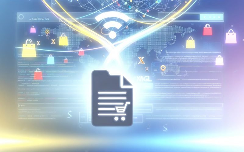 Stilisiertes Titelbild mit leuchtender Daten-Feed-Datei (XML/CSV), die einen Online-Shop mit dem Google Merchant Center über dynamische Datenströme verbindet. Umgeben von Produkt- und Preis-Icons im modernen Google-Farbschema.