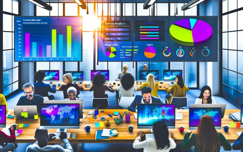 Team von Marketern analysiert Survey-Dashboards und Zielgruppen in einem modernen, lichtdurchfluteten Büro mit Google Surveys auf Monitoren.