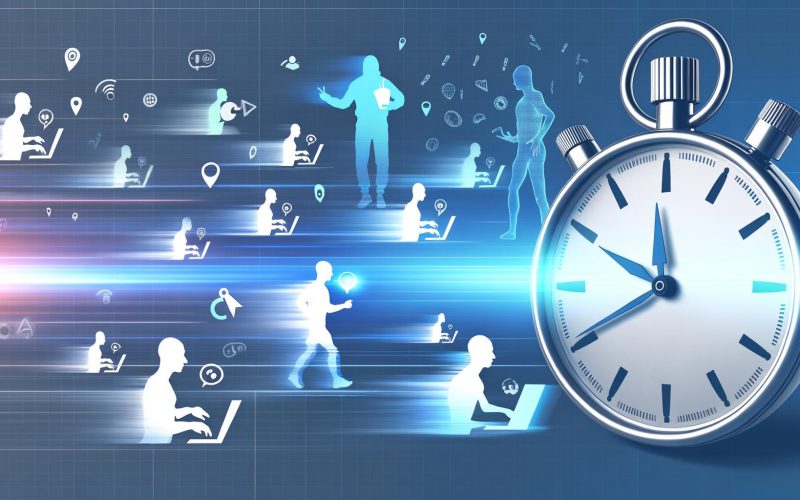 Moderne Illustration einer analogen Stoppuhr mit aktiven Nutzer-Silhouetten, die am PC oder Smartphone scrollen, klicken und tippen. Visuelle Effekte symbolisieren Interaktion, während verblassende Figuren passive Nutzer zeigen. Digital-cleanes, kontrastreiches Design.