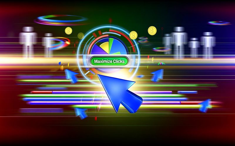 Stilisiertes Google-Ads-Benutzerinterface mit bunten Balken, blauen und grünen Klickpfeilen, fliegenden Münzen, einem großen Button 'Klicks maximieren', Nutzerfiguren im Hintergrund und roten Warnzeichen am Rand.