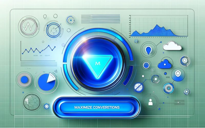 Moderne minimalistische Illustration eines Google Ads Dashboards mit blauem Maximize Conversions Button, umgeben von bewegten Datenströmen, Diagrammen und digitalen Icons.