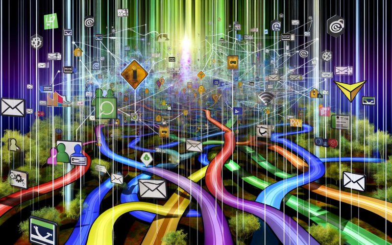 Illustration eines komplexen digitalen Labyrinths mit bunten Wegen, Online-Touchpoints, Analysediagrammen, Cookies und nebelhaften Bereichen für Datenverlust; zentral leuchtet ein Conversion-Checkpoint.