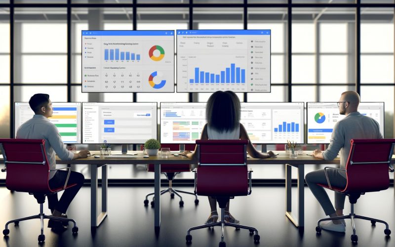 Marketing-Profis arbeiten konzentriert an mehreren großen Monitoren mit übersichtlichen Google Ads-Dashboards in einer modernen Agenturumgebung.